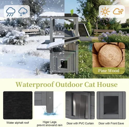 Vista 4 de 4 Tiers Outdoor Cat House Weatherproof Cat Tree Tower with Waterproof Roof and 2 Doors, Feral Cat Shelter Outside Enclosure, Multi-Level Play Zones
