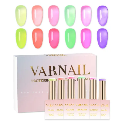 Vista 13 de VARNAIL Rainbow Candy Jelly - Kit de esmalte de uñas de gel de 6 colores y capa base de regalo, kit de esmalte de gel transparente arcoíris