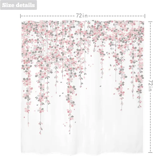 Vista 3 de Cortina de ducha floral gris y rosa de 72x72 pulgadas, flores de cerezo en rosa polvoriento y flores llorosas en primavera, tela impermeable