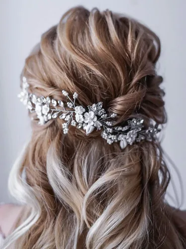 Vista 3 de Unicra Flores de novia para el cabello de boda, perlas de vid, pieza de pelo de novia, accesorios para el cabello de cristal para mujeres y niñas