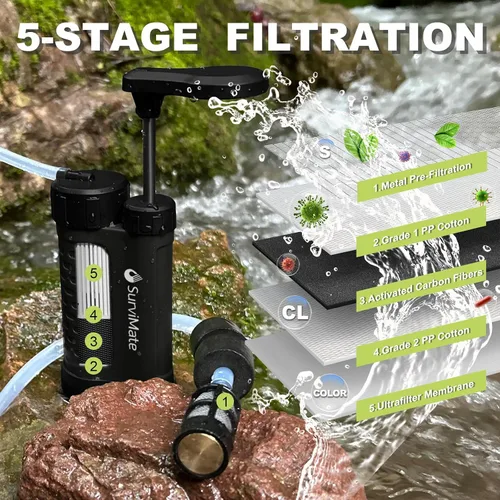 Vista 2 de SurviMate Bomba de supervivencia del purificador de agua,Sistema purificador de agua de 5 etapas de 0.01 micrones,Bomba de mano Filtro de agua