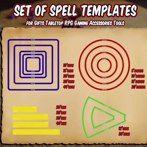 Vista 2 de Sintuff Juego de 15 marcadores de hechizos AOE para daños y efectos de hechizos de acrílico translúcido, incluye 5 cubos, 4 círculos, 2 conos, 4