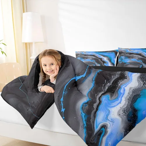 Vista 7 de Feelyou Juego de edredón abstracto para todas las estaciones, juego de ropa de cama negro y azul con 1 funda de almohada con estampado de mármol