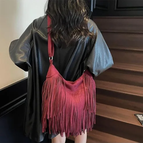 Vista 6 de Bolso hobo vintage con flecos, bolso cruzado de gamuza occidental para mujer, bolso de hombro bohemio y bolso de mano vaquera