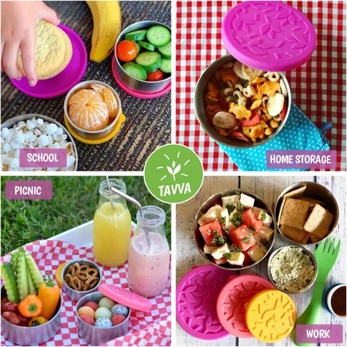Vista 2 de TAVVA Recipientes de acero inoxidable para niños [12 onzas/7 onzas/3 onzas] – A prueba de fugas con tapas de silicona, lonchera para niños, lonchera
