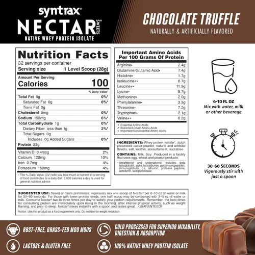 Vista 3 de Syntrax Nectar Sweets Native - Aislamiento de proteína de suero alimentada con pasto que se mezcla al instante, sin RBST, trufa de chocolate, 32