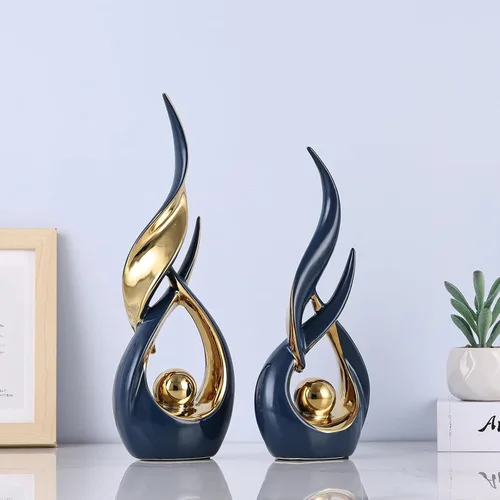 Vista 4 de 2 estatuas de cerámica de oro azul para decoración del hogar, esculturas modernas de arte abstracto, elegantes objetos decorativos de mesa
