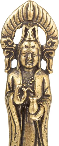 Vista 2 de FENGSHUI-CAISHEN Pequeña estatua de cobre Guan Yin, hecha a mano para meditar la decoración zen, pequeña figura de Quan Yin, Baby Kwan Yin
