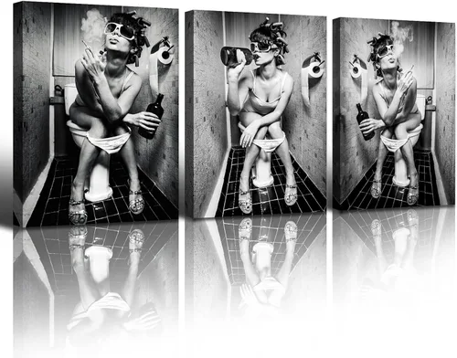 Vista 10 de Arte de pared para decoración de baño, 3 piezas, arte de pared en blanco y negro, pósteres sexys, impresión en lienzo, pintura de silueta nebulosa