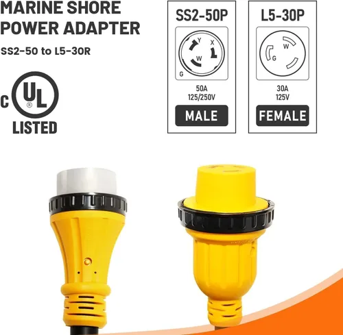 Vista 8 de MECMO Cable adaptador de corriente marina de 50 amperios a 30 amperios, enchufe marino 50A SS2-50P a L5-30R RV 30A Receptáculo hembra adaptador
