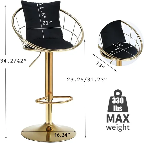Vista 3 de Juego de 2 taburetes de bar giratorios de terciopelo, sillas de bar ajustables con respaldo y reposapiés, silla moderna para isla de cocina