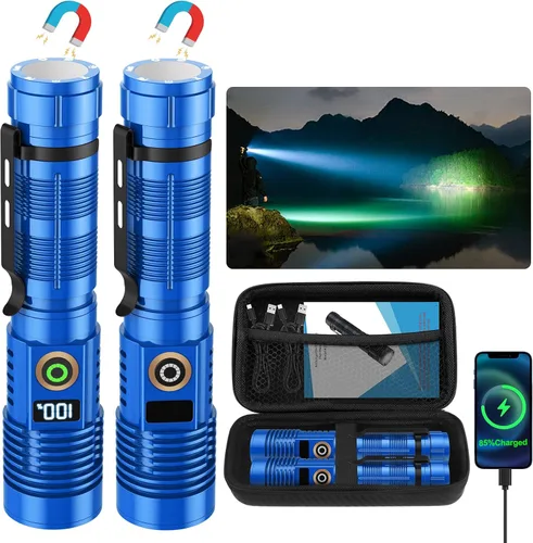 Vista 10 de Linterna recargable de alto lúmenes, luz magnética súper brillante con pantalla digital de potencia, largo alcance, regulable, impermeable, linterna