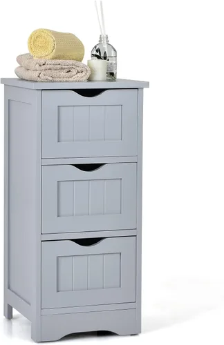 Vista 10 de COSTWAY Gabinete de almacenamiento para baño, gabinete de almacenamiento delgado que ahorra espacio con 3 cajones, gabinete de piso estrecho