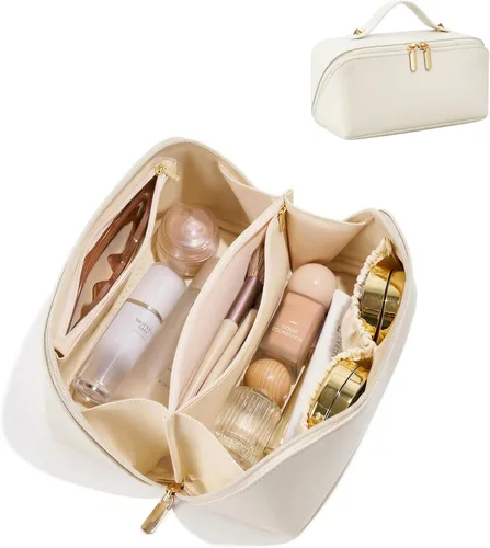 Vista 25 de Bolsa de cosméticos de viaje de gran capacidad - Bolsas de maquillaje portátiles para mujeres, impermeable, de cuero PU a cuadros, con organizador
