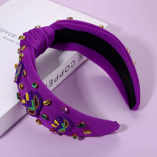 Vista 8 de Diadema de Mardi Gras para mujer, diadema de corona de flor de lis, diadema morada con diamantes de imitación y nudo superior, accesorios