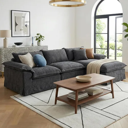 Vista 9 de Claiks Sofá modular deshuesado de 123 pulgadas, sofá en forma de L para sala de estar, sofá moderno de asiento profundo de 3 plazas, tela de Gris