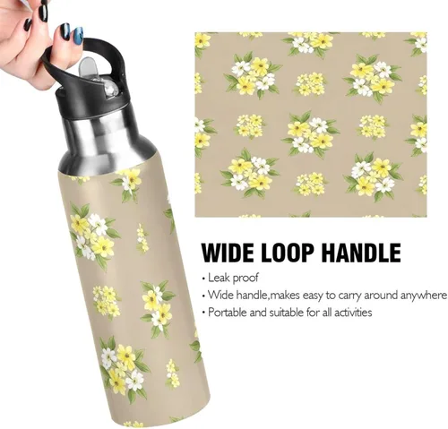 Vista 4 de Stainless Steel Vacuum Insulated Water Bottle 20 Oz, Leakproof Water Bottles for Gym Outdoor Travel School, Yellow White Flowers Beige