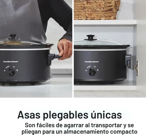 Vista 2 de Hamilton Beach olla de cocción lenta de 6 cuartos con asas plegables que ahorran espacio, 3 ajustes de calor, olla de cerámica apta
