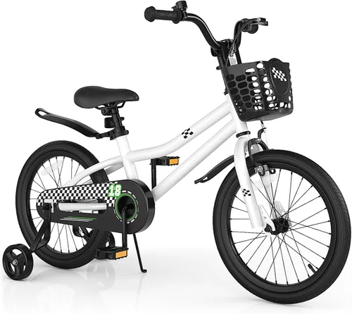 Vista 17 de HONEY JOY Bicicleta para niños, 12, 14, 16, 18, 20 pulgadas, con ruedas de entrenamiento y freno de mano, marco de acero, cadena totalmente cerrada