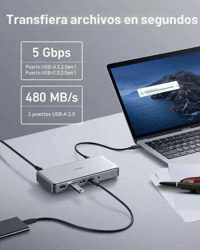 Vista 5 de Estación de acoplamiento Anker 10-en-1 USB C, estación de acoplamiento Displaylink con Dual HDMI y DisplayPort para laptops Windows, MacBook Air/Pro