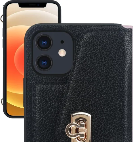 Vista 4 de LUVI Funda compatible con iPhone 13 con tarjetero para mujer con correa cruzada para el cuello, cordón, bolso de mano, correa de hombro de piel