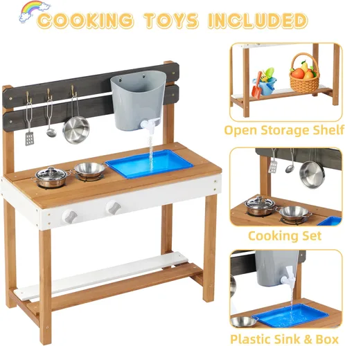 Vista 5 de Cocina de madera para niños, cocina de barro al aire libre con juego de agua y juguetes de cocina, juego en el patio trasero para niños de más de 3