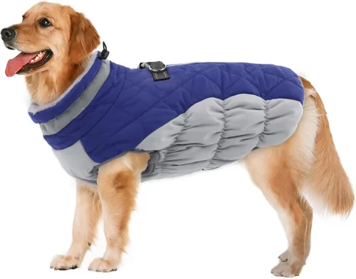 Vista 29 de Lelepet Abrigo cálido para perro, abrigo de invierno para perro, chaqueta impermeable para perros con arnés integrado reflectante de forro polar