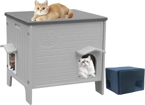 Vista 10 de Deblue Casa para Gatos de Exterior Resistente a la Intemperie Grande de Plástico Casas para Gatos con Puerta de Escape Interior Impermeable Refugio