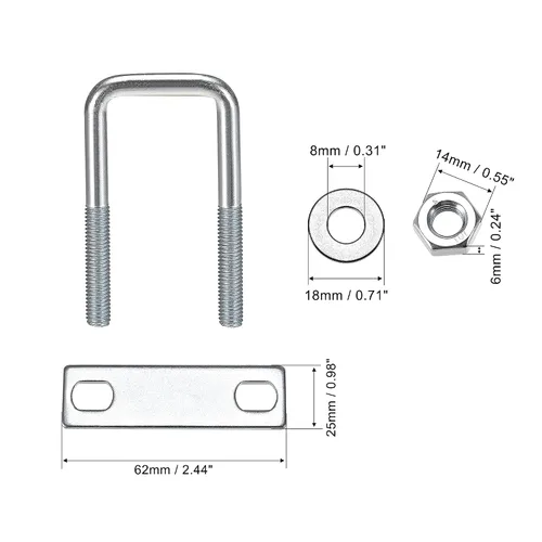 Vista 34 de uxcell Pernos cuadrados en U de 1 "(25 mm) de ancho interior de acero al carbono M8 con tuercas, placa de marco, arandelas redondas, juego de 4