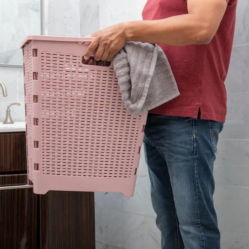 Vista 6 de Mind Reader Cesta plegable para ropa sucia de 61 litros, cesta de ropa, tapa, diseño de mimbre, plástico, 18 pulgadas de largo x 14.5 pulgadas