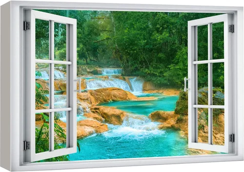 Vista 8 de wall26 - Cuadro en lienzo para pared, vista de ventana, río neón turquesa, rápido, bosque, lago, arroyo, naturaleza salvaje, fotografía, realismo