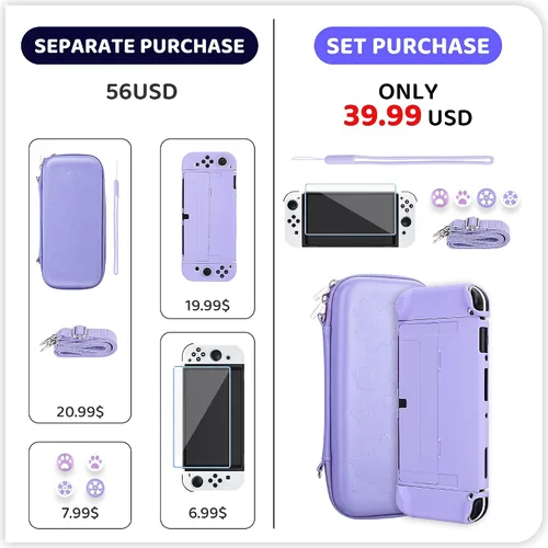 Vista 6 de RHOTALL Sakura Embossing Cute Carrying Case Set for Nintendo Switch OLED, Accessories Bundle for Switch OLED with Hard Case, Screen Protector, 4