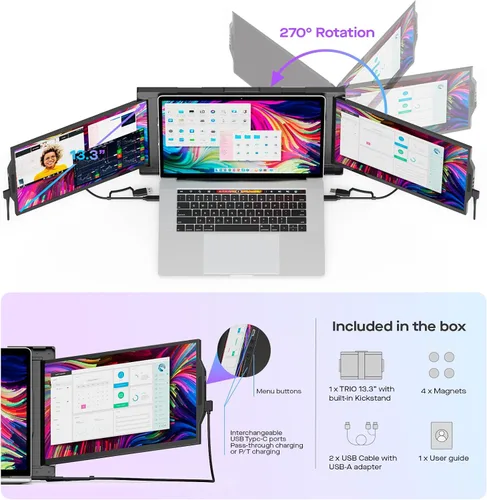 Vista 3 de Mobile Pixels New Trio Monitor portátil, 13.3 '' 1080P FHD, monitor triple para laptop, Plug and Play, soporte integrado, imanes opcionales