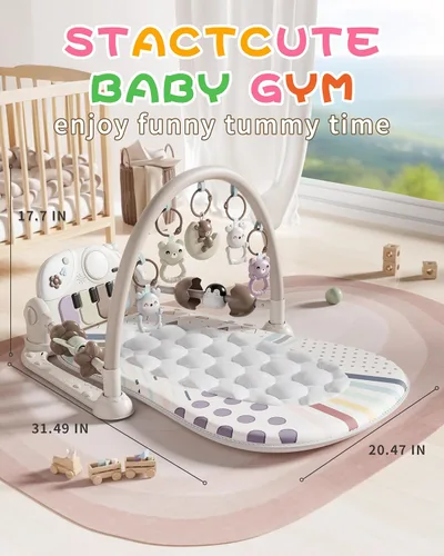 Vista 6 de Stactcute Tapete de juego para bebé, juguetes para bebés, gimnasio y tiempo boca abajo, tapete de actividad con piano con 5 juguetes sensoriales