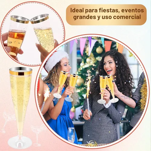 Vista 5 de Paquete de 100 copas de champán de plástico desechables, copas de champán de plástico con borde dorado, flauta de champán desechable transparente