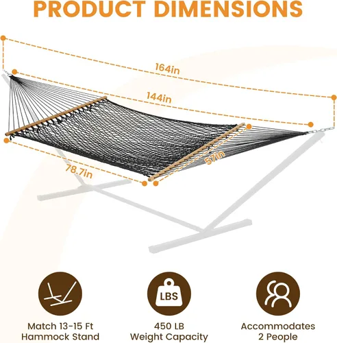 Vista 5 de Lazy Daze Hammocks Hamacas de cuerda doble de 12 pies, hamaca de algodón tejida a mano para 2 personas con barra separadora, mosquetón, correa
