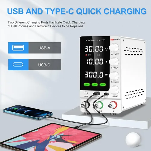 Vista 6 de NICE-POWER Fuente de alimentación CC variable 30V 10A, fuente de alimentación de banco de CC regulada ajustable con interruptor