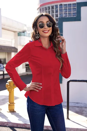 Vista 2 de HOTOUCH Womens Stretch Basic Button Down Shirt Long Sleeve Slim Fit Dress Shirts Solid Work Office Blouses Top