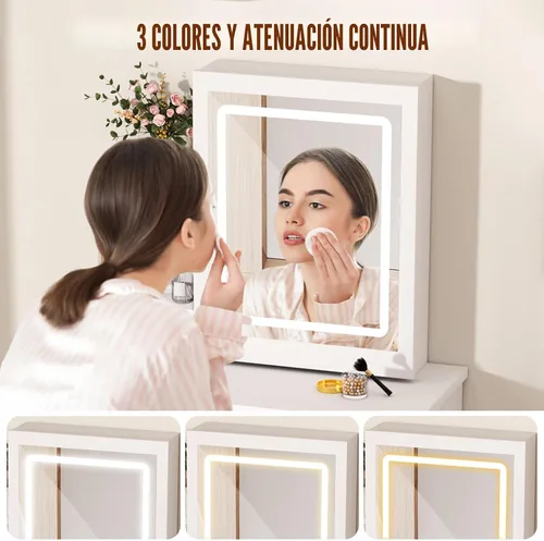 Vista 3 de Escritorio de tocador de maquillaje con espejo y luces, mesa de tocador con 4 cajones, 7 estantes y espacio extra oculto, tocador compacto