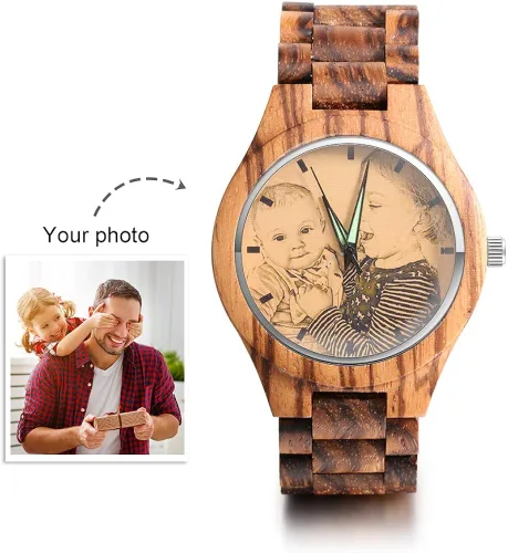 Vista 2 de Relojes de madera para hombres y mujeres personalizados relojes de fotos con pulsera ajustable para cumpleaños aniversario regalos personalizados