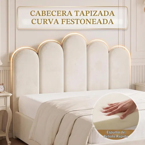 Vista 5 de Cama de almacenamiento de elevación completa, marco de cama de terciopelo con cabecero, color crema