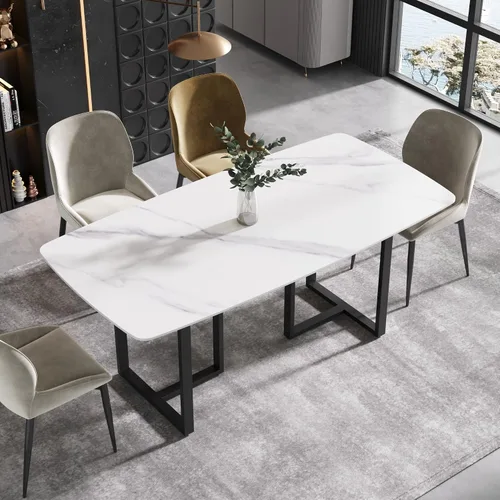 Vista 13 de Mesa de comedor moderna, mesa de comedor de piedra sinterizada blanca antigua con patas de mesa de acero al carbono negro, mesa de comedor Blanco