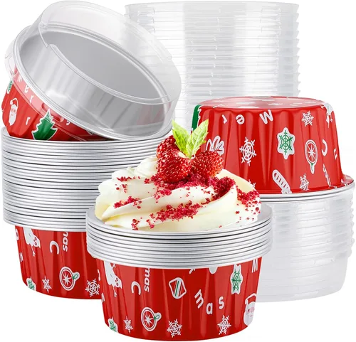 Vista 10 de EUSOAR Moldes desechables de papel de aluminio con tapas, 30 piezas de 5 onzas (4.2 fl oz) de papel de aluminio para magdalenas, tazas para hornear