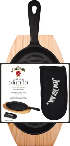 Vista 7 de Jim Beam JB0159, construcción resistente, sartén de hierro fundido pre-sazonado con base de madera y manopa, negro, pequeño