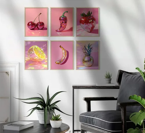 Vista 5 de 6 piezas de arte de pared de bola de discoteca rosa de moda, pintura de bolas de discoteca de frutas, decoración de pared, póster estético