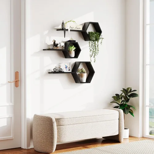Vista 7 de Estantes flotantes hexagonales de madera para montar en la pared, juego de 6 estantes hexagonales de madera de pino para fotos, plantas, estantes
