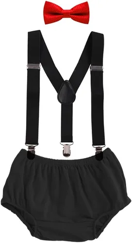 Vista 9 de Conjunto de ropa para festejar el primer cumpleaños de bebés, calzón pañalero con tirantes y corbata de moño. Beige & Blue