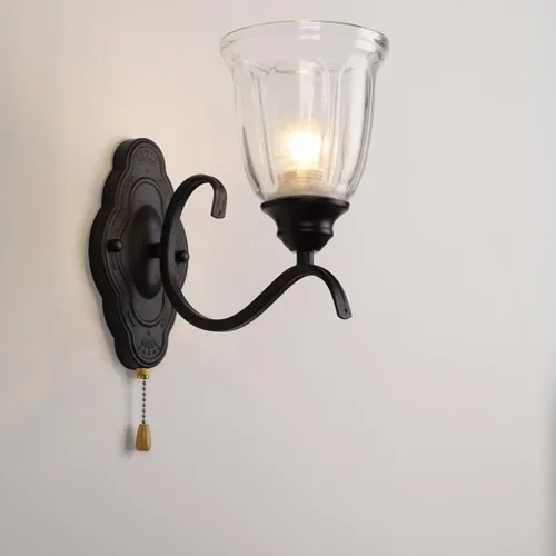 Vista 7 de Lámpara de pared con interruptor de cadena E27, retro, para dormitorio, mesita de noche, apliques de pared con pantalla de metal y vidrio, acabado