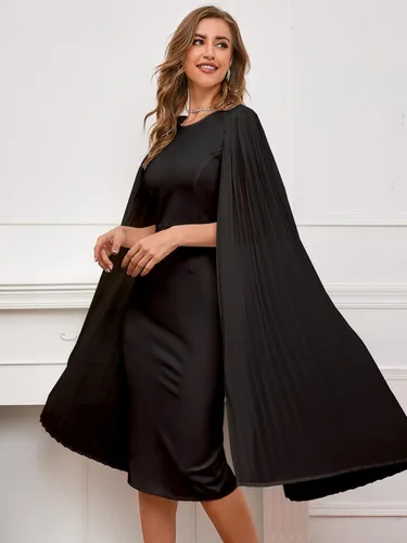Vista 5 de IWFEV Vestido midi sin mangas liso de manga larga con cuello redondo y patchwork a media pierna para mujer