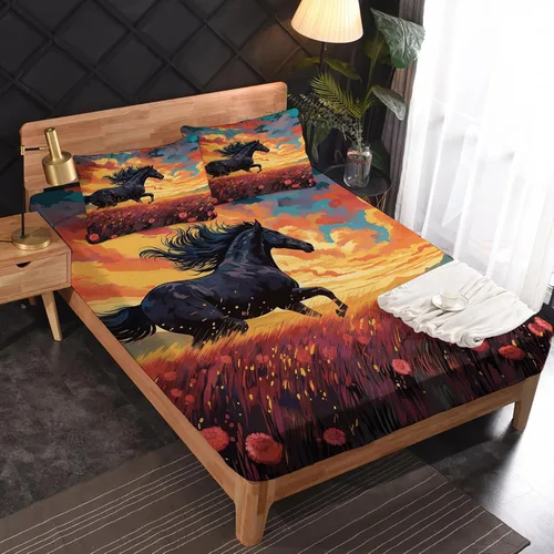 Vista 2 de Sábanas de caballo negro tamaño individual – Sábanas de cama de caballo galopante, microfibra suave, bolsillo profundo y sábanas estampadas sin